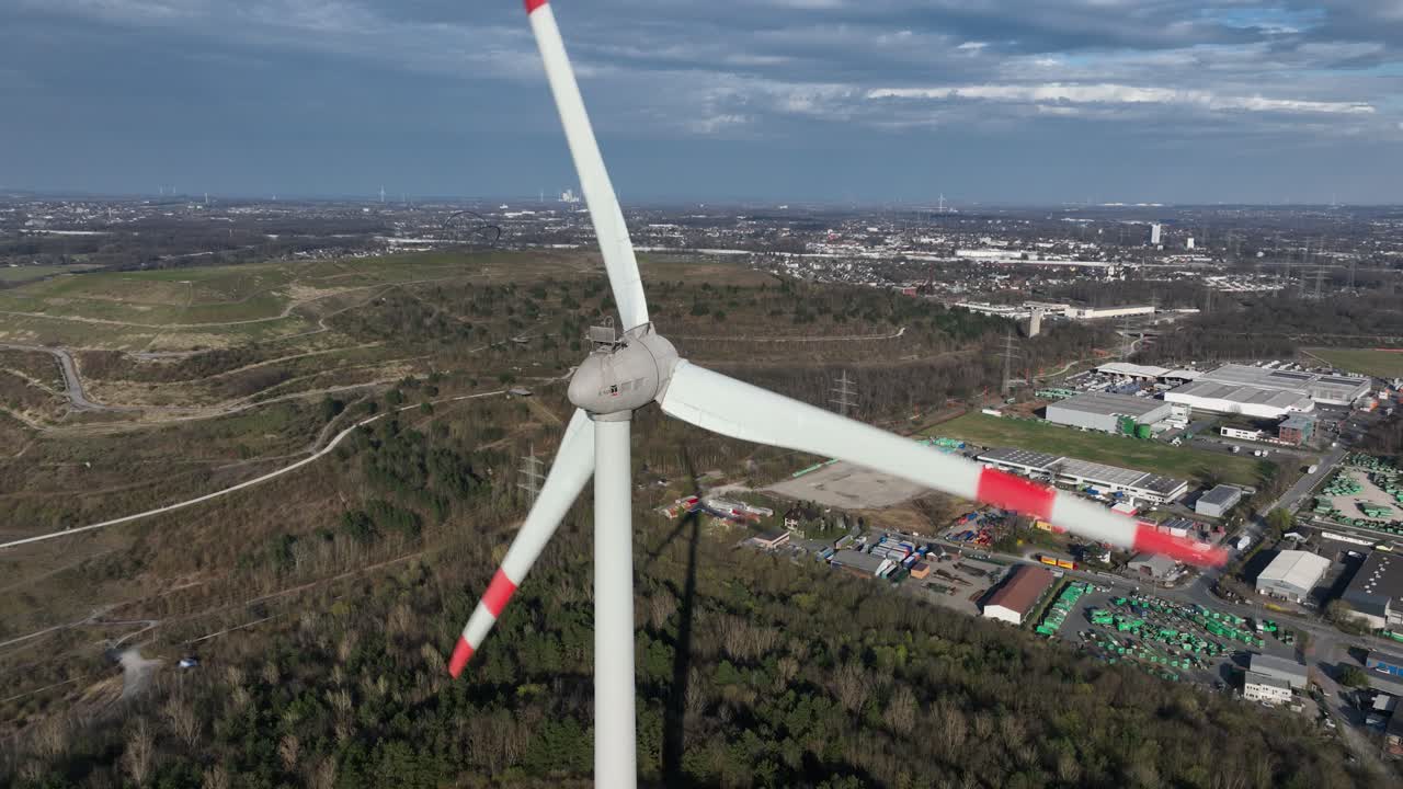 wind turbine, renewabale energy, clean energy. wind, power, blades, turning, aerial view.
