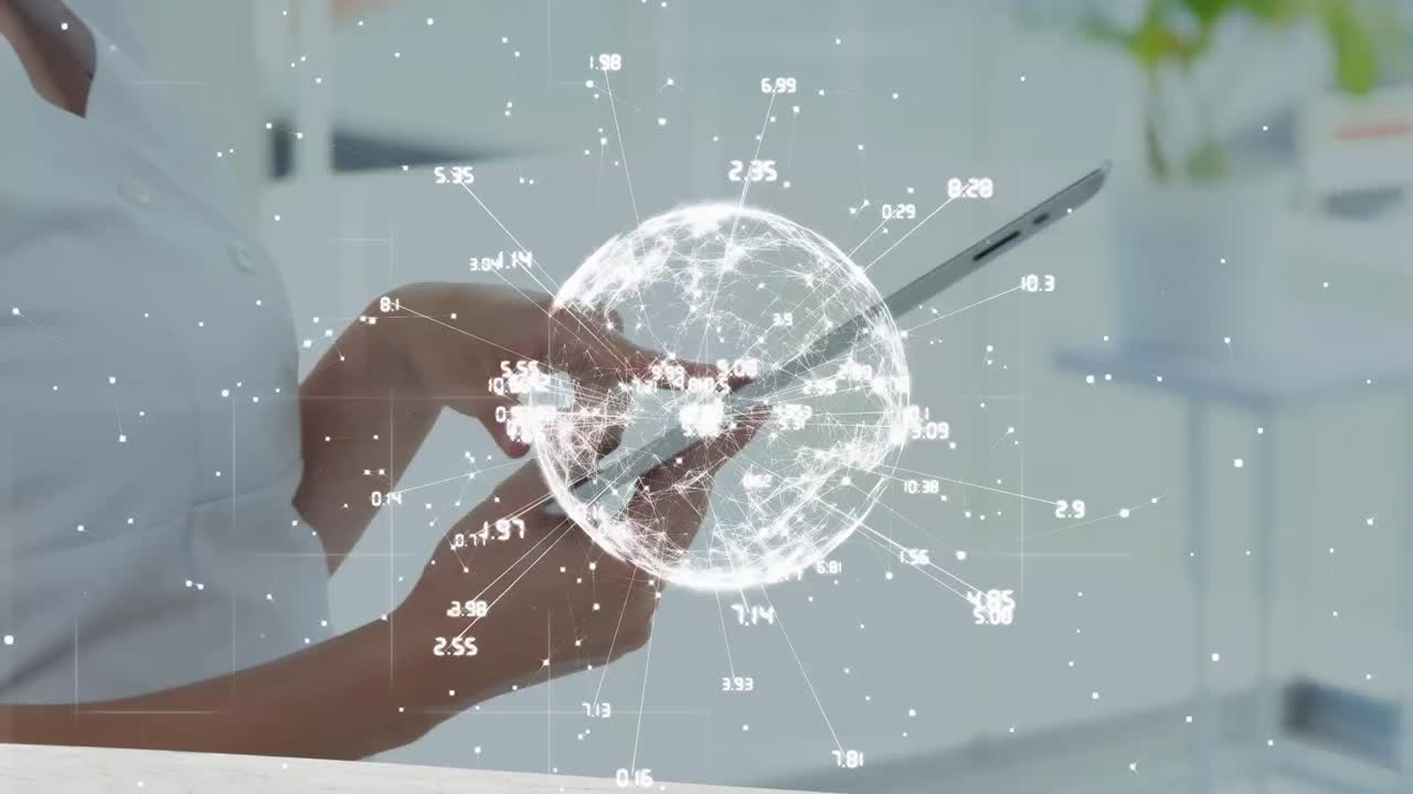 Animation of globe with numbers over caucasian woman working on tablet