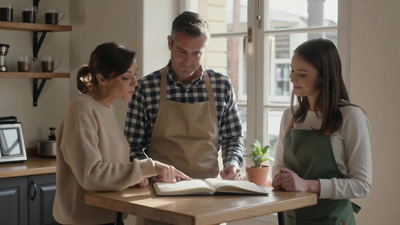 Uomo in grembiule che apre un grande ricettario, tracciando linee su un'isola da cucina in legno, mentre pianifica un pasto.