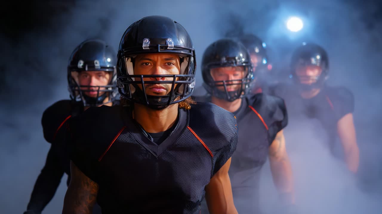 A Team of Determined Football Players Emerges from the Fog, Showcasing Their Grit and Unity as They Prepare for an Intense Game Experience Under Dramatic Lighting