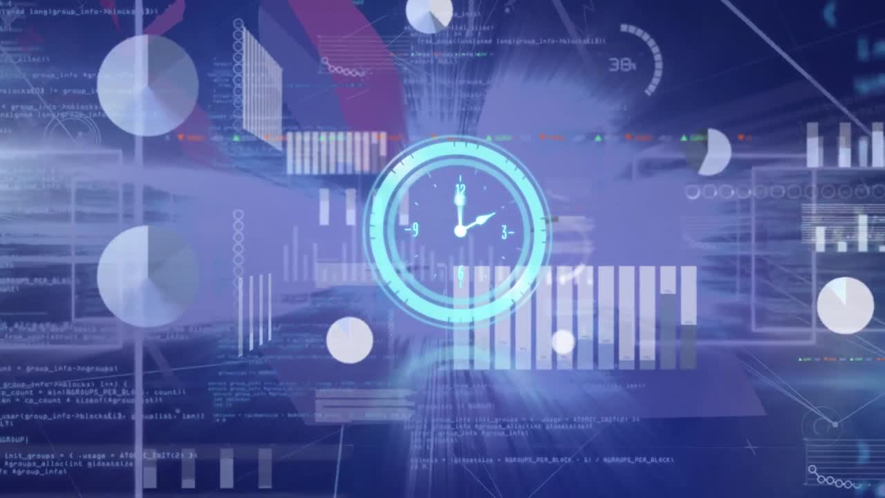 Animation of clock ticking and data processing over cityscape