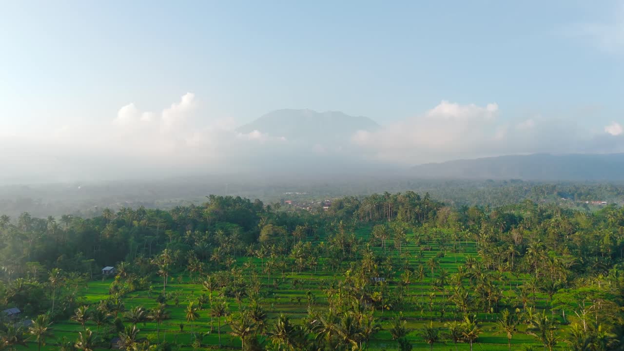 Drone dolly over misty tropical rice terraces in Sidemen, Bali, calm green valley