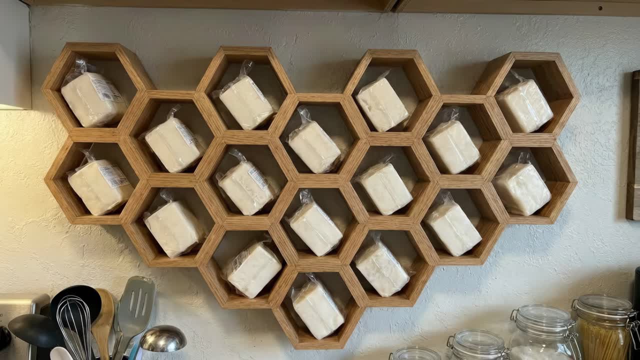 Formaggio esposto in uno scaffale a nido d'ape