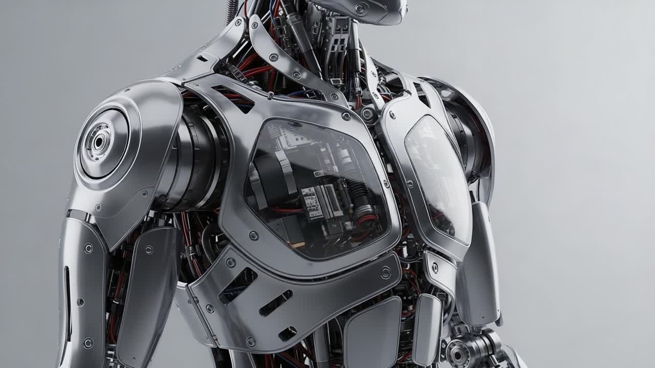 Futuristic Robotic Figure Showcasing Intricate Mechanical Design and Advanced Technology in a Striking Metallic Finish with Visible Internal Components