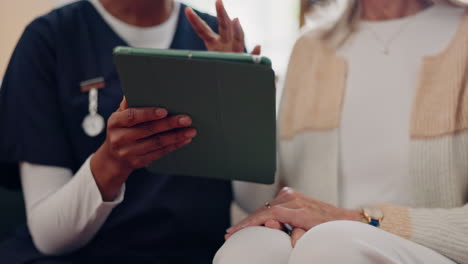 senior, woman and hands or nurse with tablet