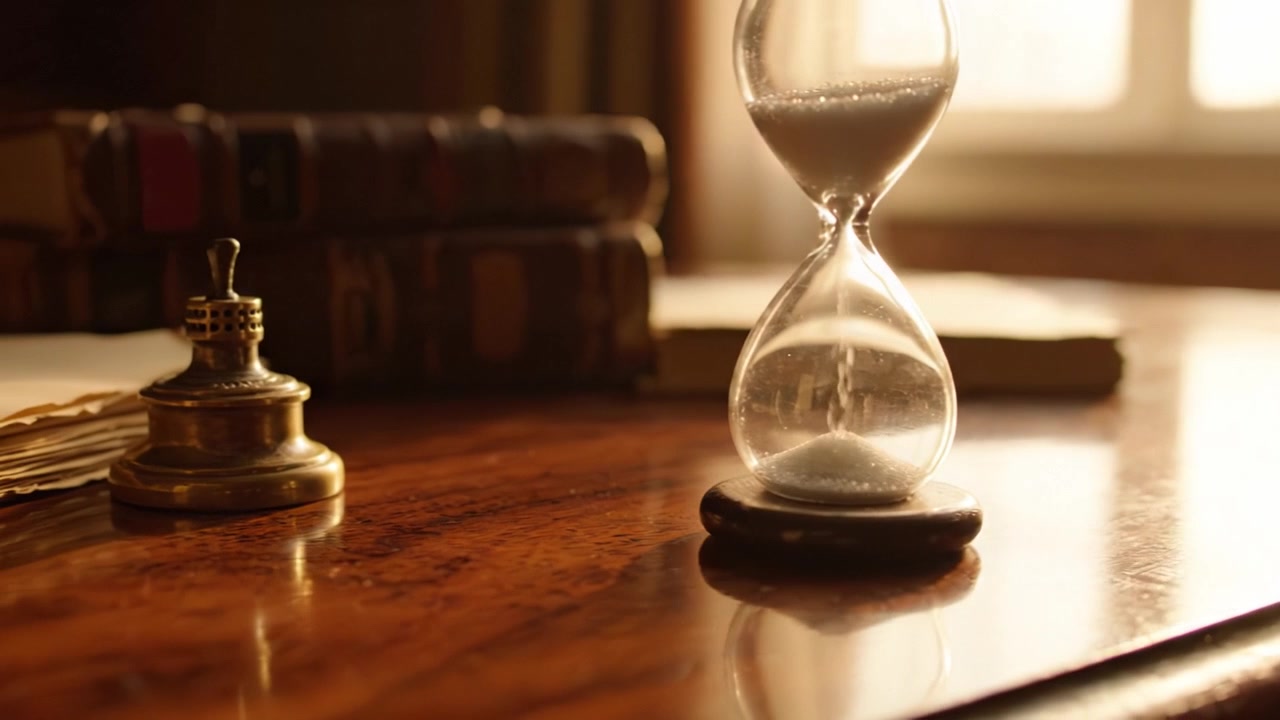 Una clessidra e documenti su una scrivania che riflettono il passare del tempo in una stanza calda e illuminata dal sole, evocando un senso di nostalgia e l'importanza dei momenti.