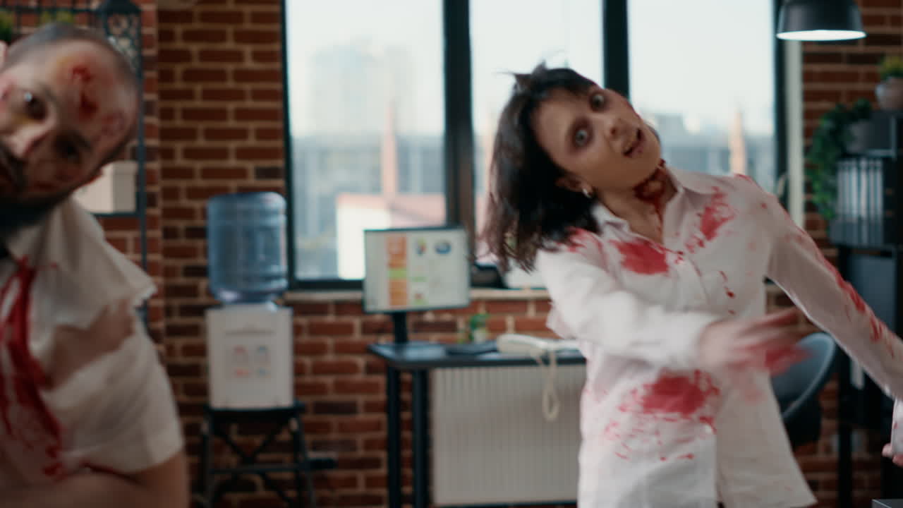 Brain dead scary office zombies coming towards camera