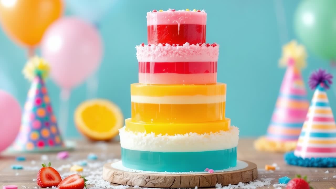 Colorful layered gelatin dessert displayed on a wooden stand, surrounded by vibrant balloons and party hats, creating a joyful atmosphere for celebrations and special occasions