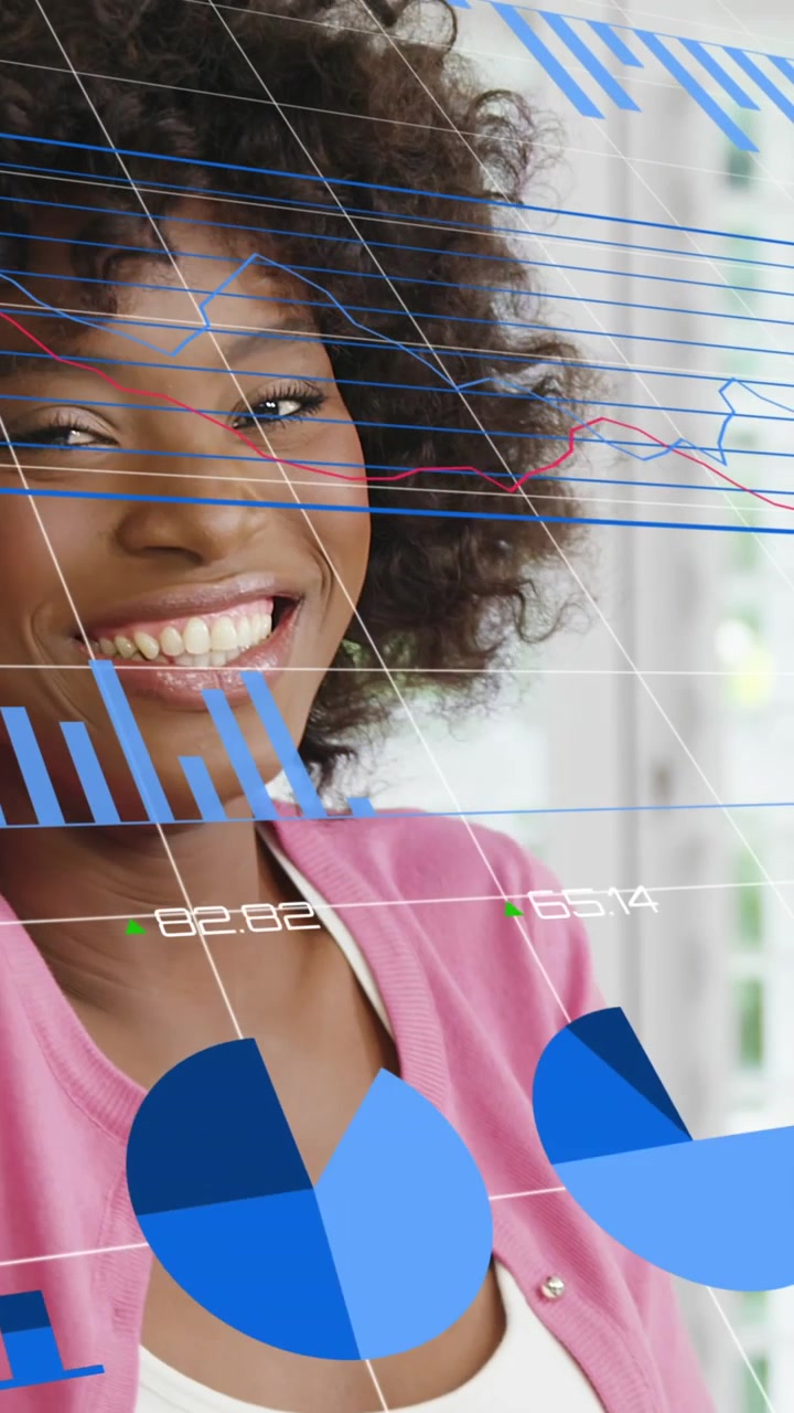 Animation of financial data processing over african american woman