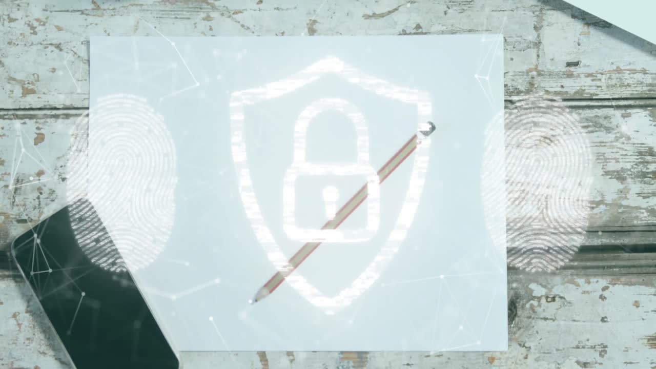 보안 잠금 아이콘과 지문 스캐너의 애니메이션이 나무 테이블에 있는 사무실 장비 위에 있습니다.