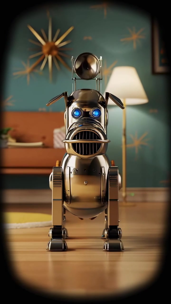 Giocattolo robotico a forma di cane in stile retrò in un soggiorno moderno di metà secolo