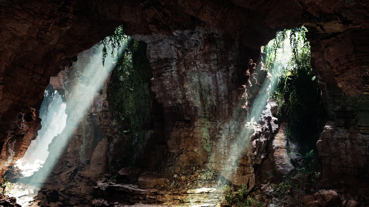 la luz del sol fluye hacia una misteriosa cueva de la jungla.