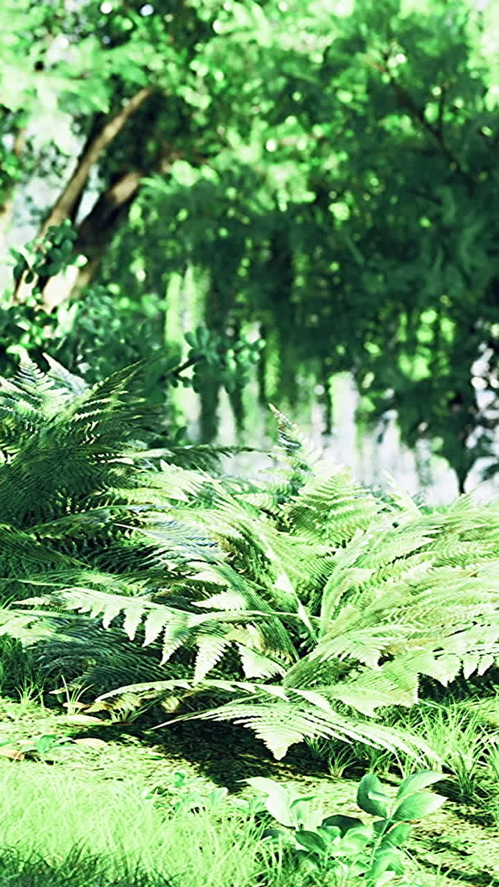 Lush greenery flourishes in a serene landscape under soft sunlight