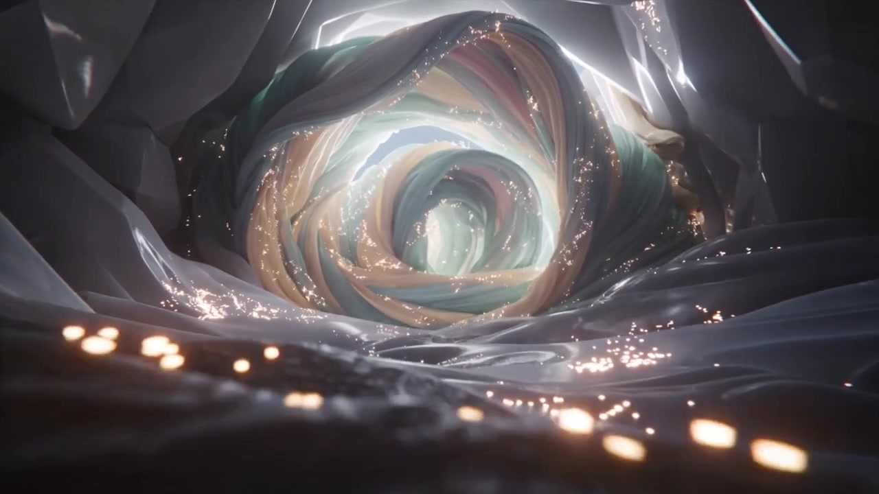 Moving camera pushing through ribbon tunnel, revealing colorful spiral portal seeking bright light
