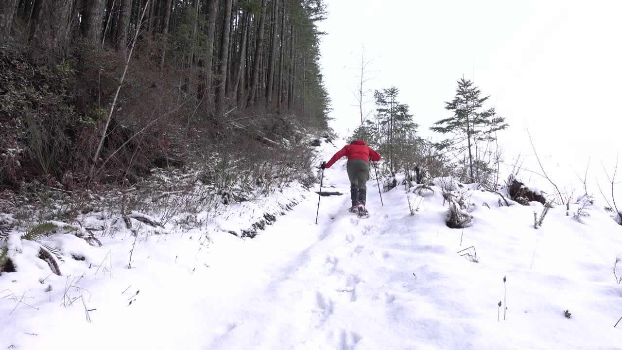 가파른 언덕을 스노우슈잉하는 남자