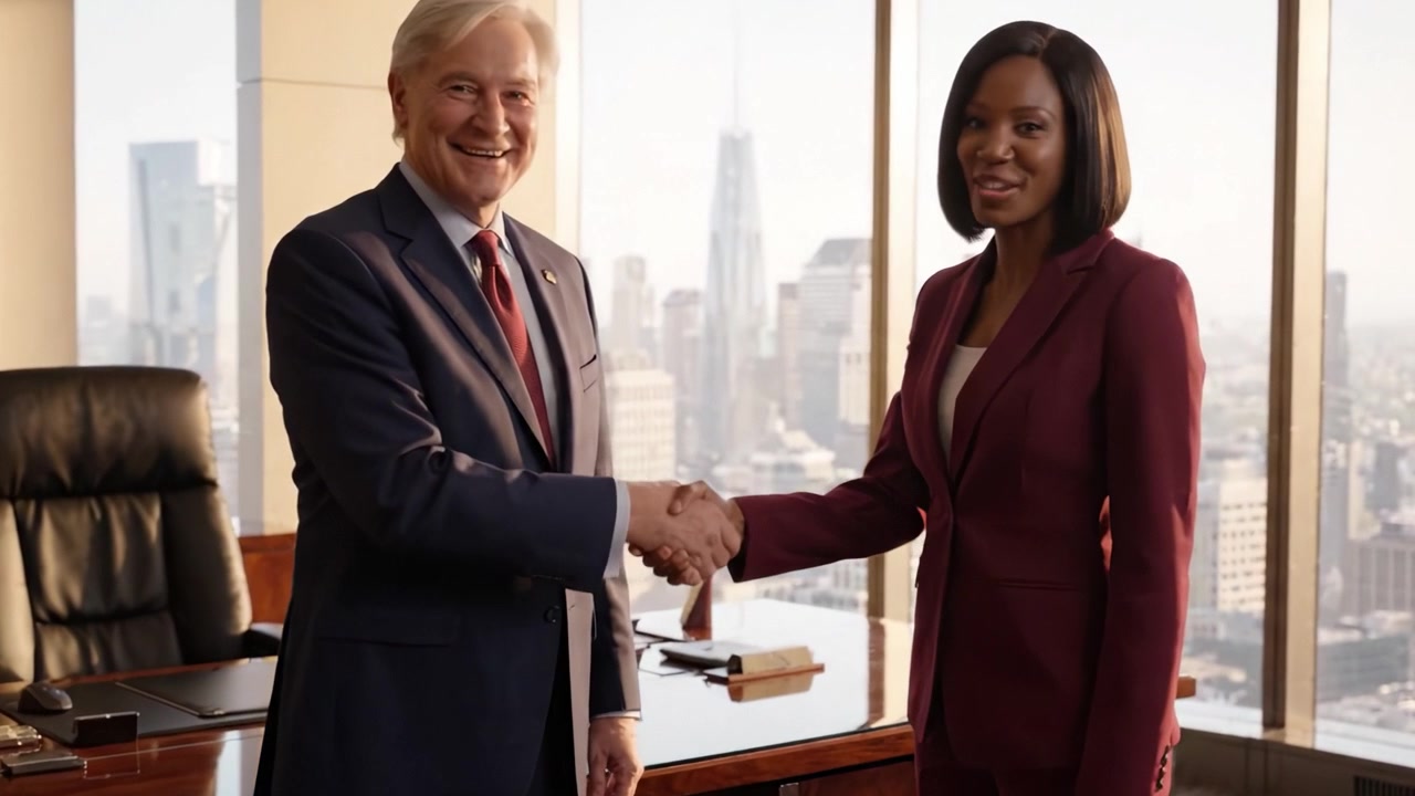A Professional Partnership: Two Individuals Engaging in a Trustworthy Handshake in a High-Rise Office with a City Skyline View in the Background