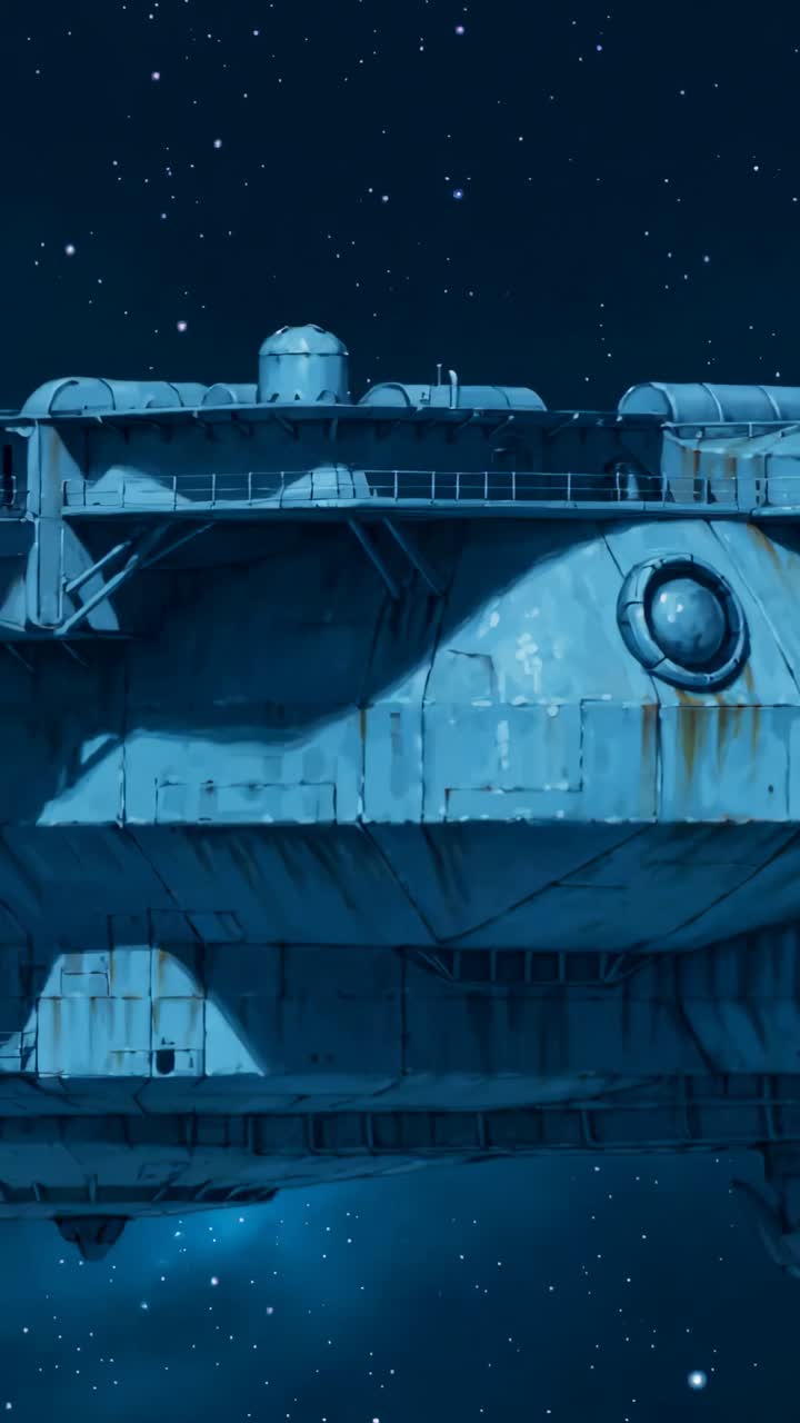 Vertical video: Panning cam inspecting ship middeck in space showing dome, crew in suits on walkway