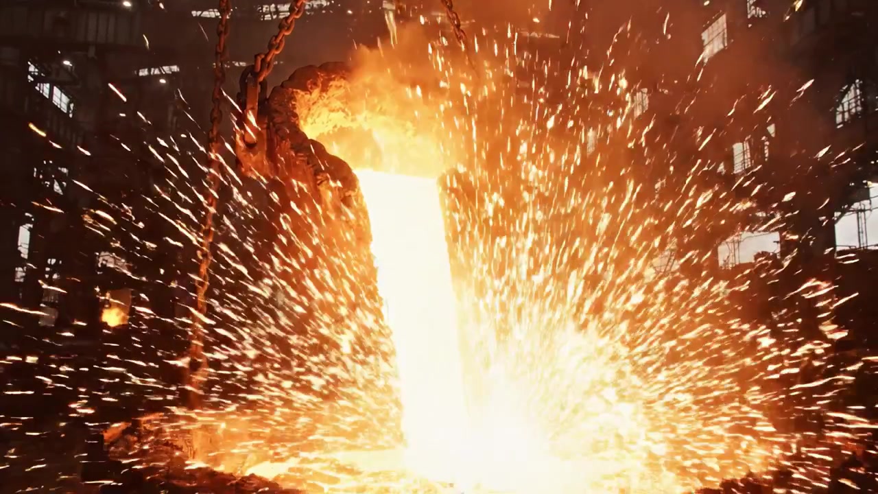 Scene da una Fonderia Industriale: Metallo Fuso che Cola dal Forno in un'Acciaieria, Evocando Potenza e Trasformazione in un Ambiente ad Alta Temperatura