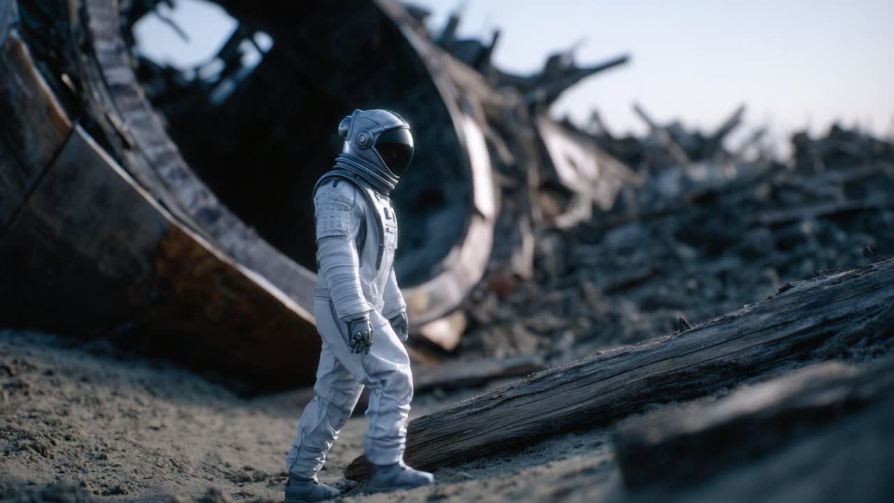 A solitary astronaut explores the remnants of a desolate landscape, surrounded by wreckage, showcasing the beauty and mystery of an alien environment