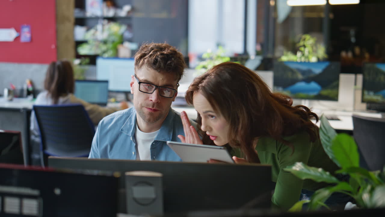 Office partners working together solving problem closeup. Lady consulting man