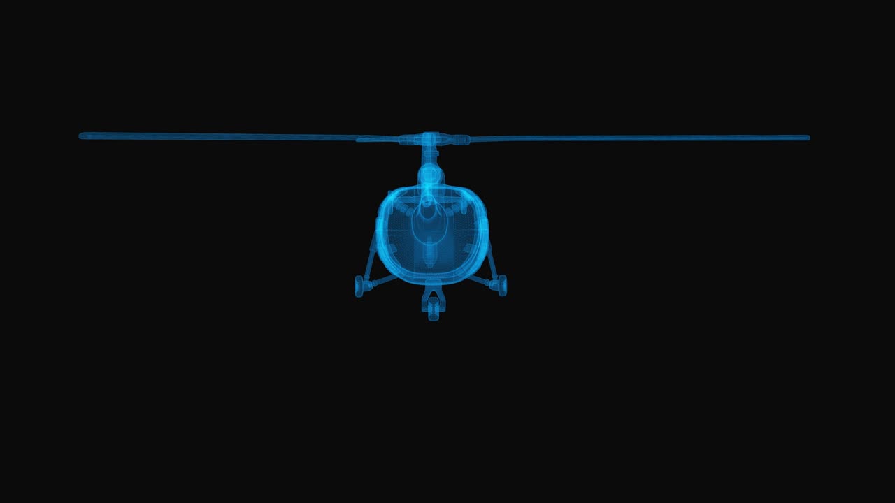 Helicopter wireframe scheme. 3d render with blue grid lines. Loop rotation on black background.
