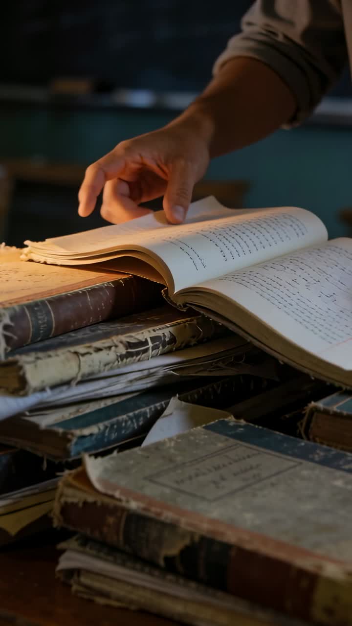 Vertical video: Approaching notebook, rolled-sleeve hands turning pages on desk reading notes