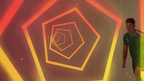 man in green jersey standing beside glowing hexagonal tunnel animation