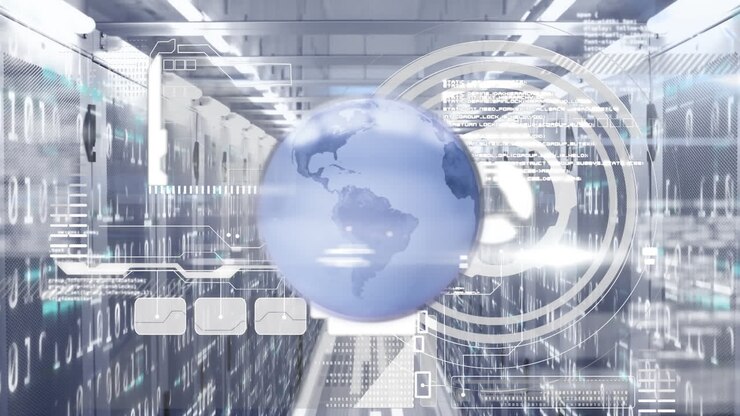 Animation of globe, scope scanning and data processing over computer servers