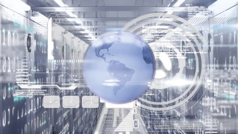 animation of globe, scope scanning and data processing over computer servers