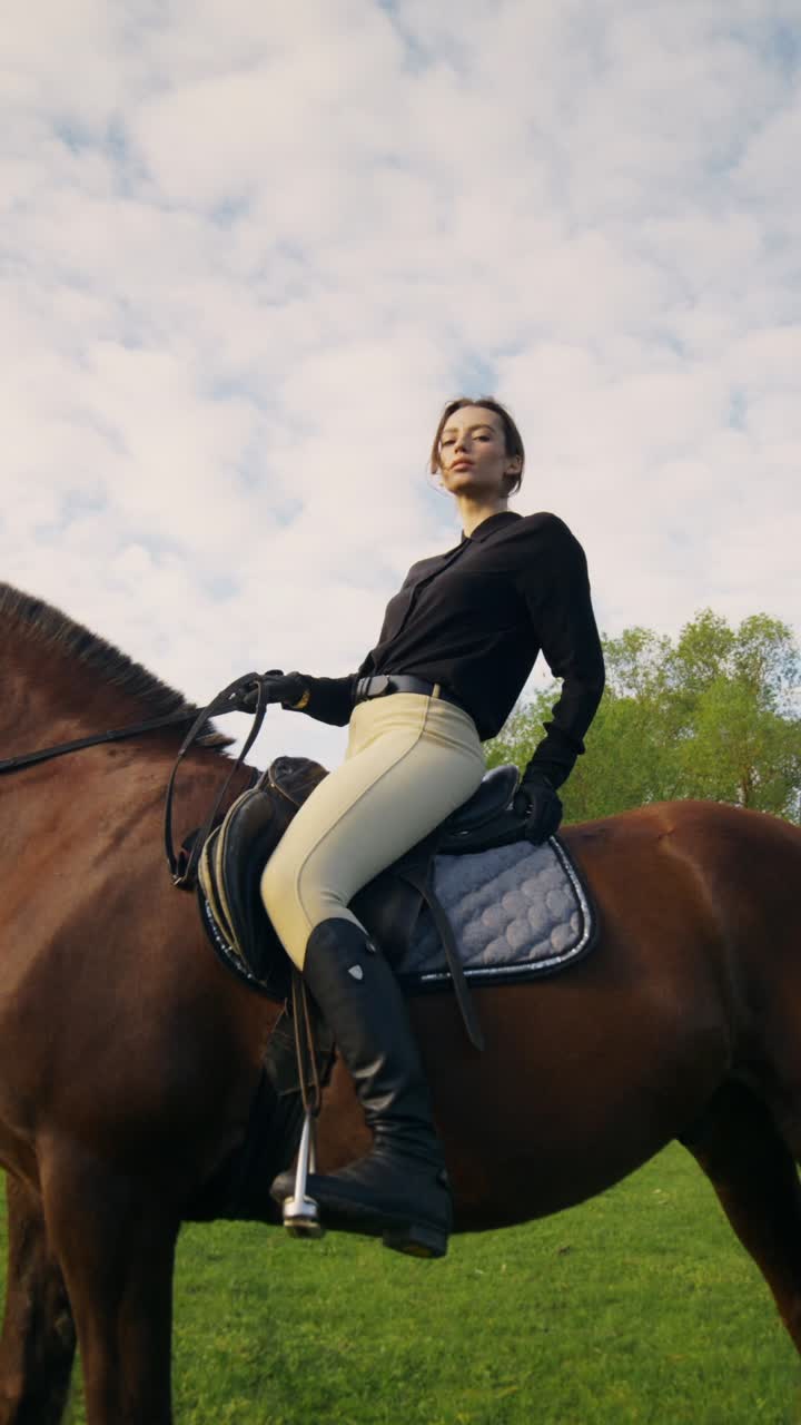 Woman Horseback Riding in a Field