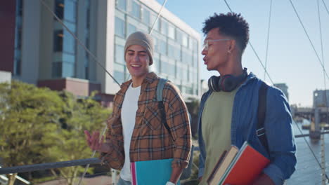 two college students walking and talking on campus