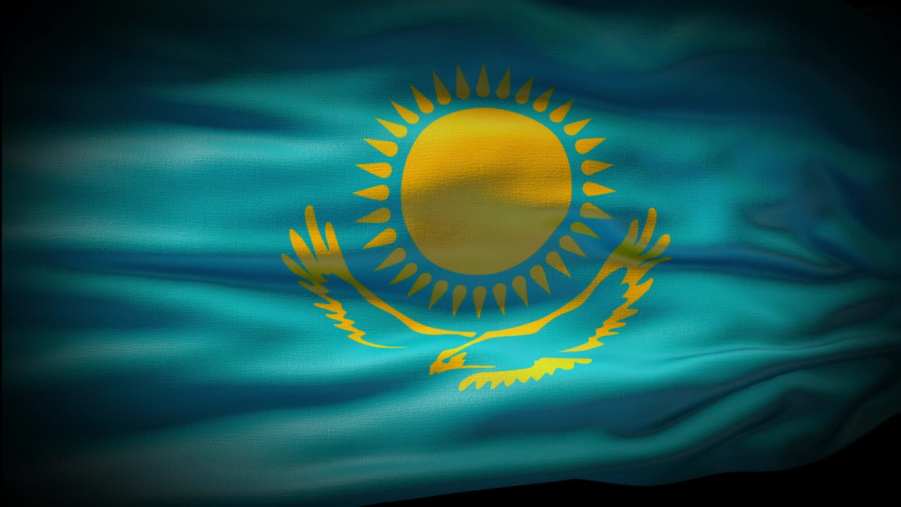 Animation Kazakhstan flag is waving seamless loop. Kazakhstan flag waving in the wind. Realistic 4K national flag of Kazakhstan Closeup.