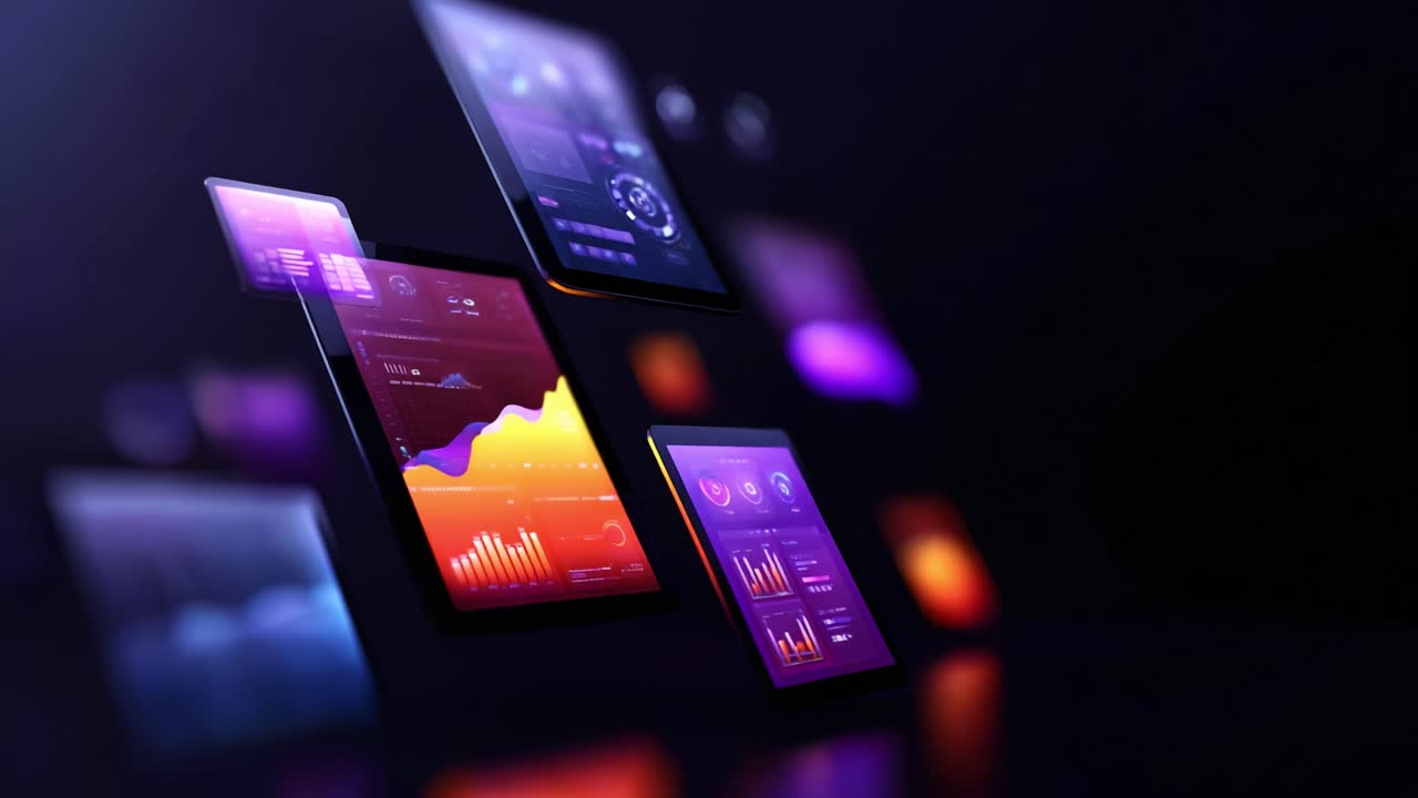 Exploring the Future of Data Visualization: Advanced Digital Analytics on Screen with Colorful Graphs, Charts, and Metrics Displayed on Modern Touch Devices in a Futuristic Environment