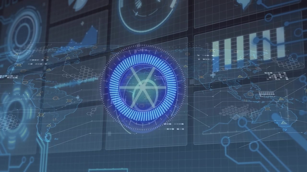 Animation of scope scanning, numbers and data processing on blue background