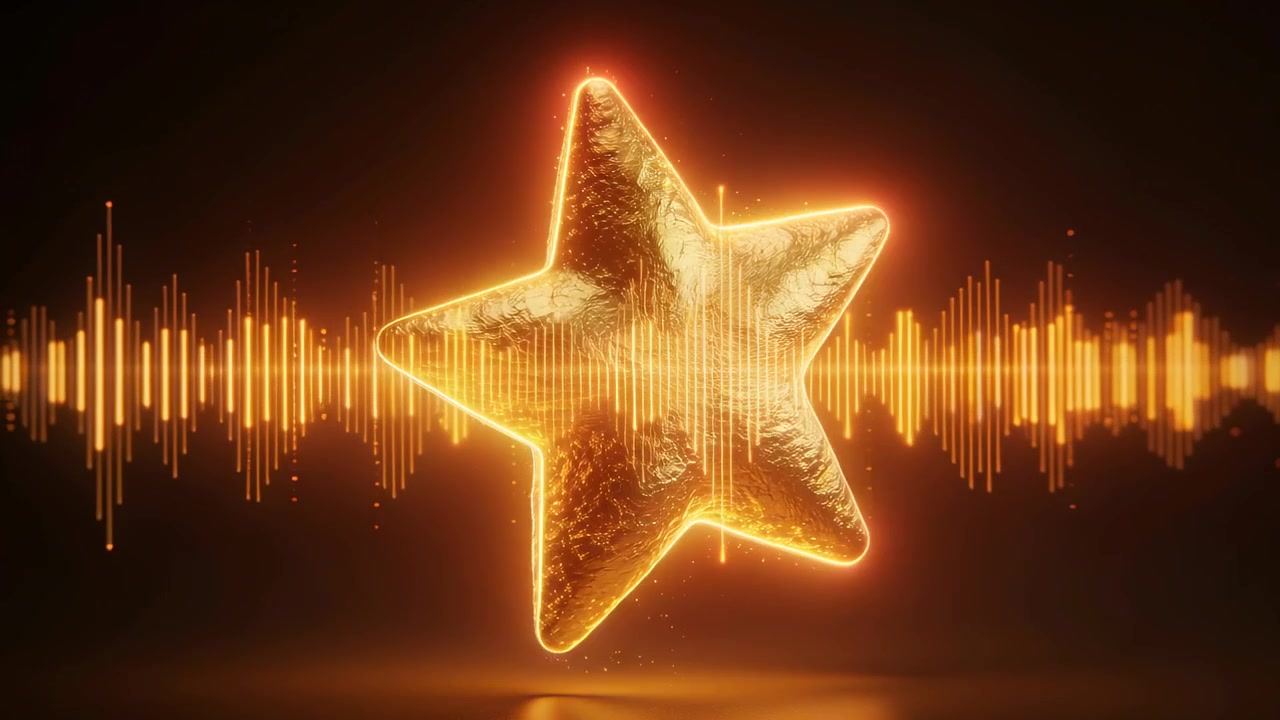 Estrella 3D dorada de cinco puntas giratoria pulsando al ritmo de una onda de audio en un suelo de estudio oscuro, emitiendo chispas.