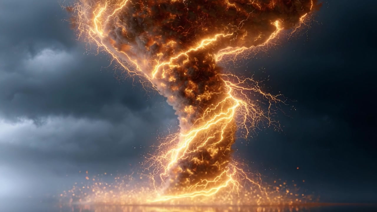 Un tornado infuocato che scatena la sua furia tra cieli tempestosi, illuminato da lampi e circondato da forze naturali caotiche.