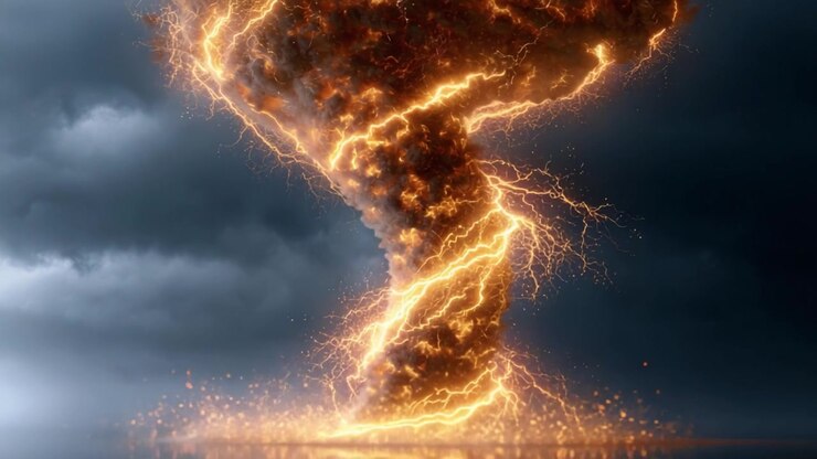 Um Tornado de Fogo Liberando Sua Fúria em Meio a Céus Tempestuosos, Iluminado por Relâmpagos e Cercado por Forças Naturais Caóticas
