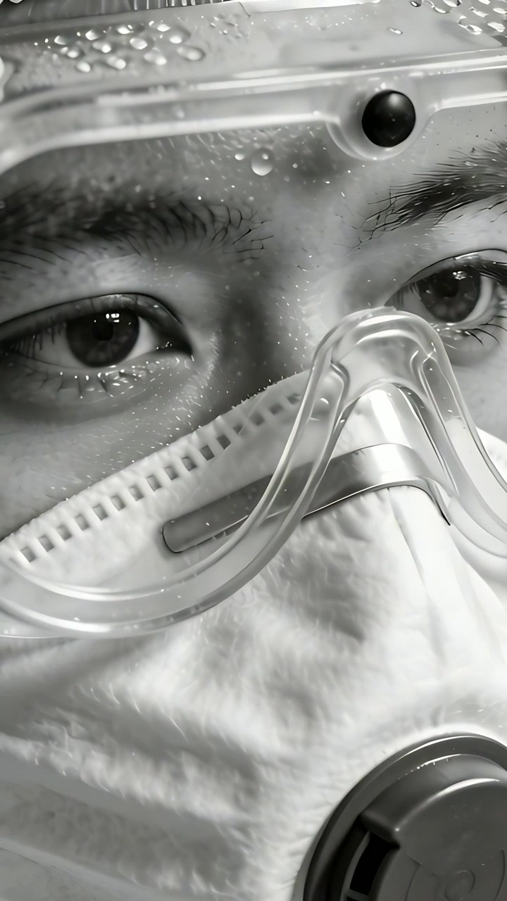 Vertical video: Condensation forming on goggles causing blinking Asian man in lab, with mask valve