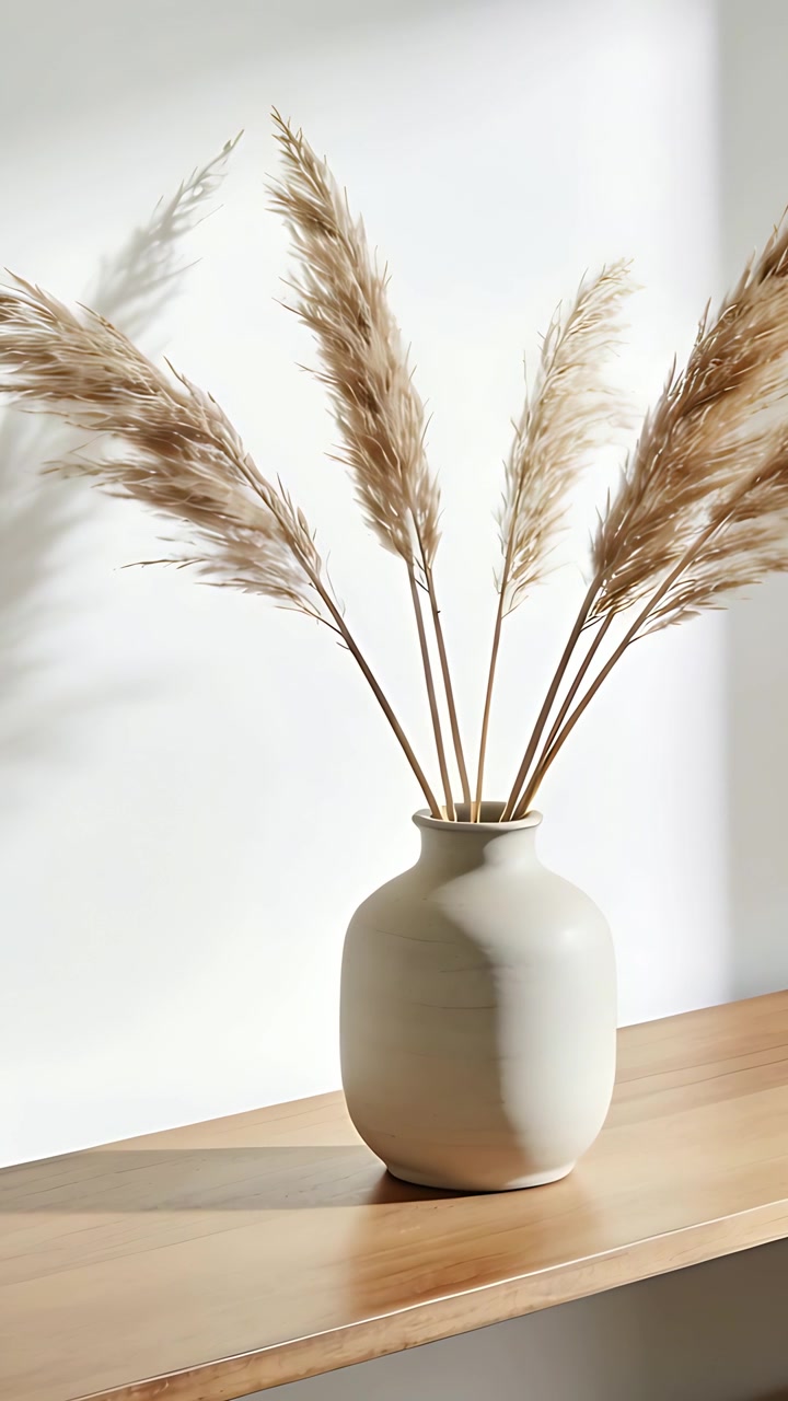 Vidéo verticale : La lumière du soleil en mouvement fait osciller un vase crème avec des herbes de la pampa sur une étagère murale, les ombres bougent.