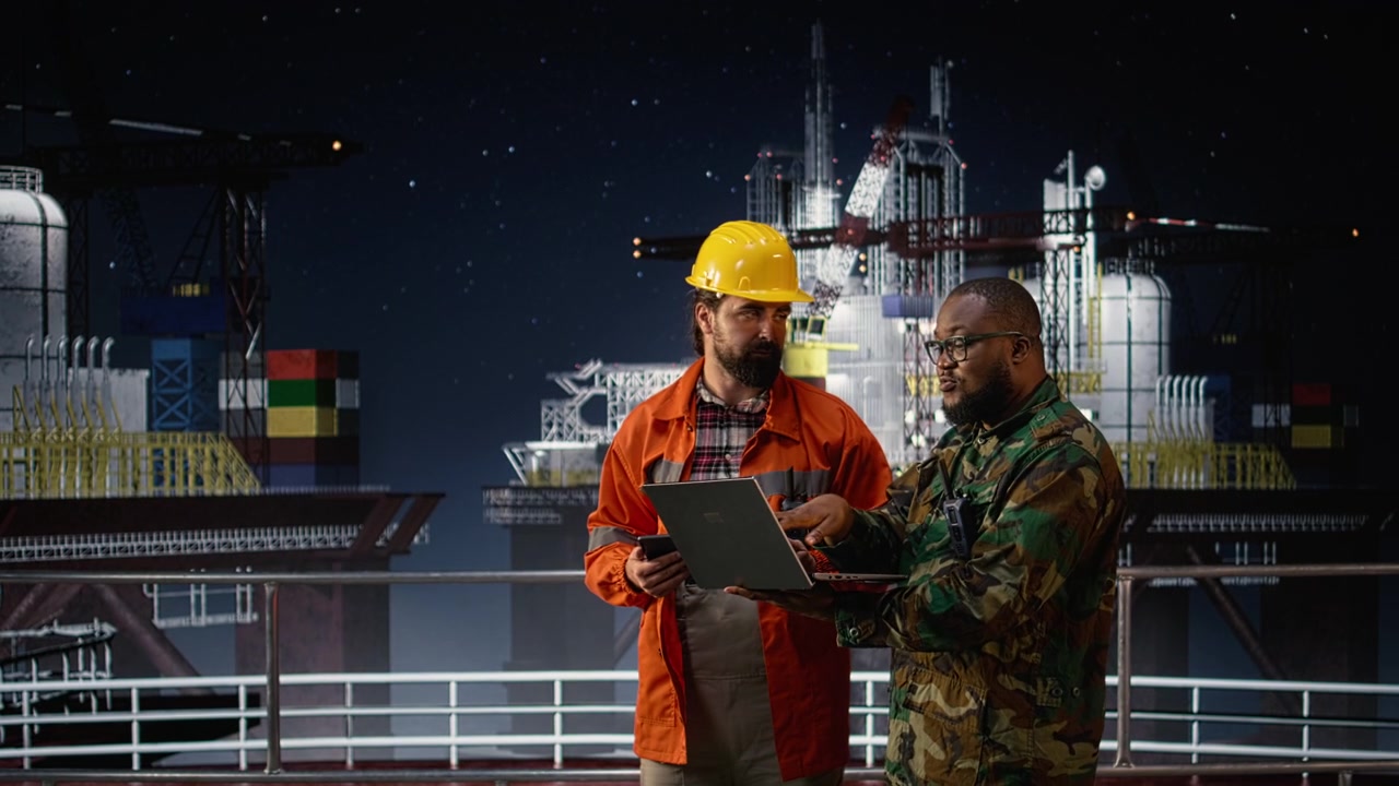 Overvågning af offshore-boreplatformens ressourcer, oliekrise, geopolitisk konflikt og soldat.