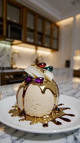 postre cubierto de oro con joyas en una cocina