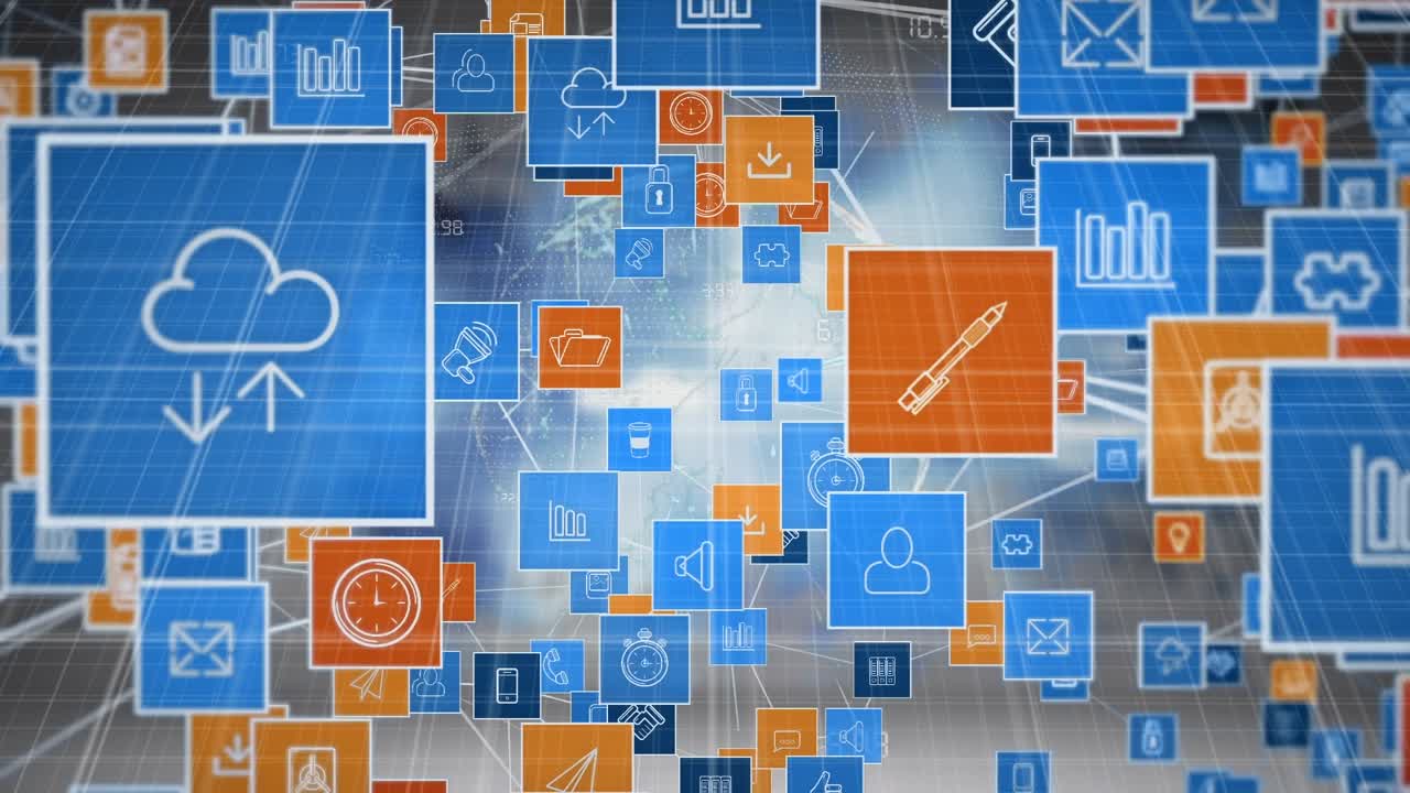 Animation of diverse technology icons floating over grey background