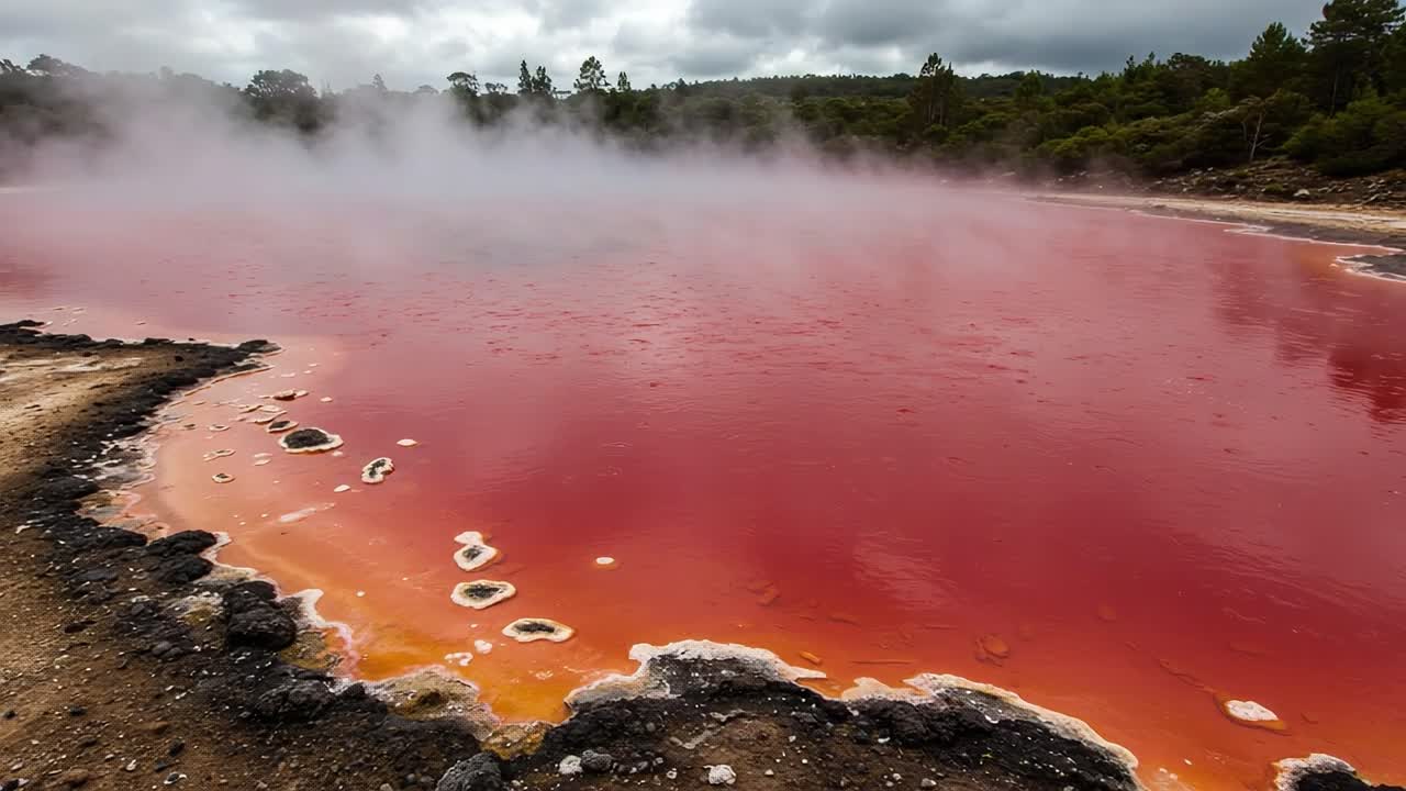 A Stunning View of a Sinister Hot Spring Surrounded by Mist and Lush Greenery, Showcasing a Striking Contrast of Red and Orange Waters against the Landscape