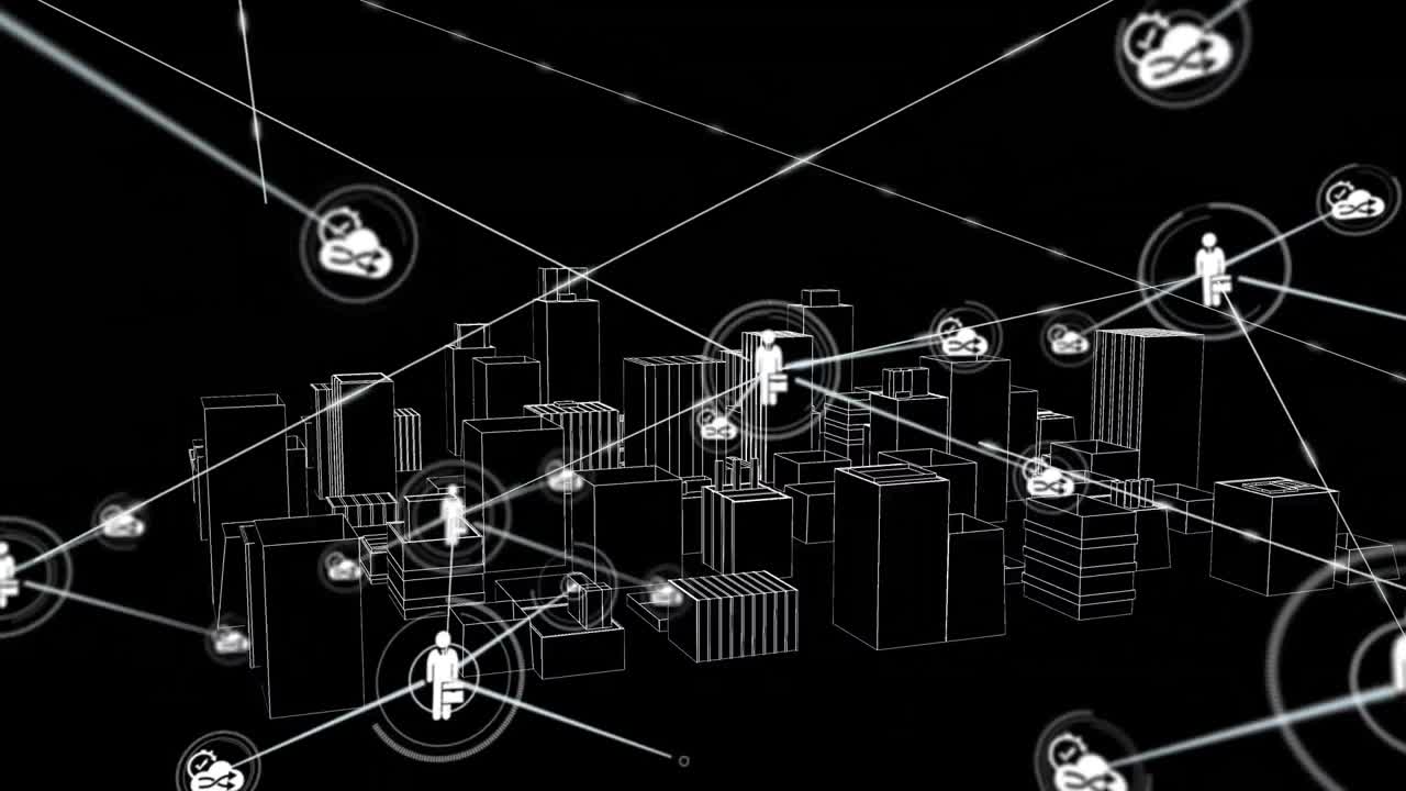 Animation of networks of connections with icons over 3d city drawing spinning on black background