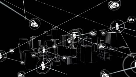 Animation-Von-Verbindungsnetzwerken-Mit-Symbolen-über-Einer-3D-Stadtzeichnung,-Die-Sich-Auf-Schwarzem-Hintergrund-Dreht