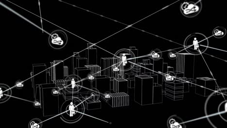 animación de redes de conexiones con iconos sobre el dibujo de la ciudad 3d girando sobre fondo negro