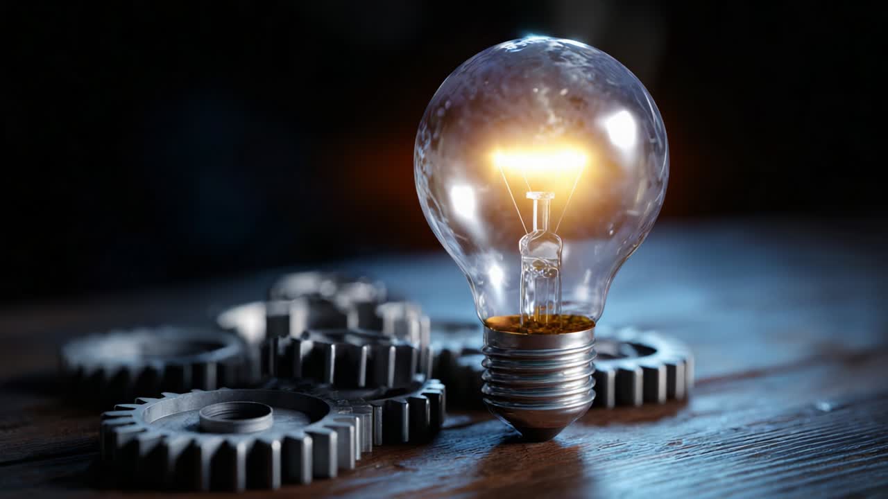 A captivating visual of a glowing light bulb resting atop metallic gears, brilliantly capturing the essence of innovation, ingenuity, and the interplay between technology and illumination in a darkened workspace setting