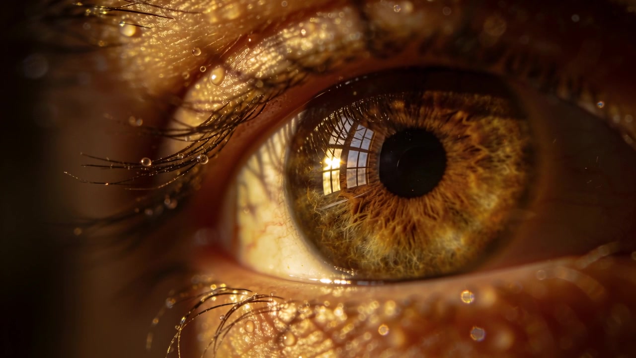 Singolo occhio umano che reagisce cambiando pupilla e sguardo dalla luce di una finestra a più riquadri, con goccioline che brillano.