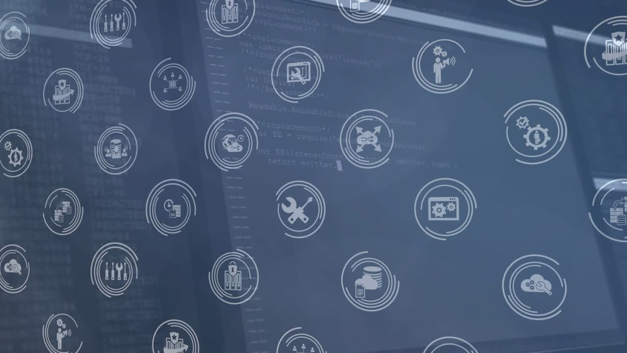 Camera panning revealing monitors scrolling code behind floating tech icons for interface demo