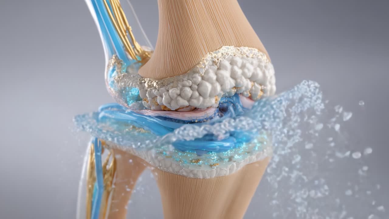 Rappresentazione visiva dettagliata di un'articolazione del ginocchio con dinamiche del liquido sinoviale, evidenziando la cartilagine articolare, i legamenti e il movimento rotuleo sotto stress.